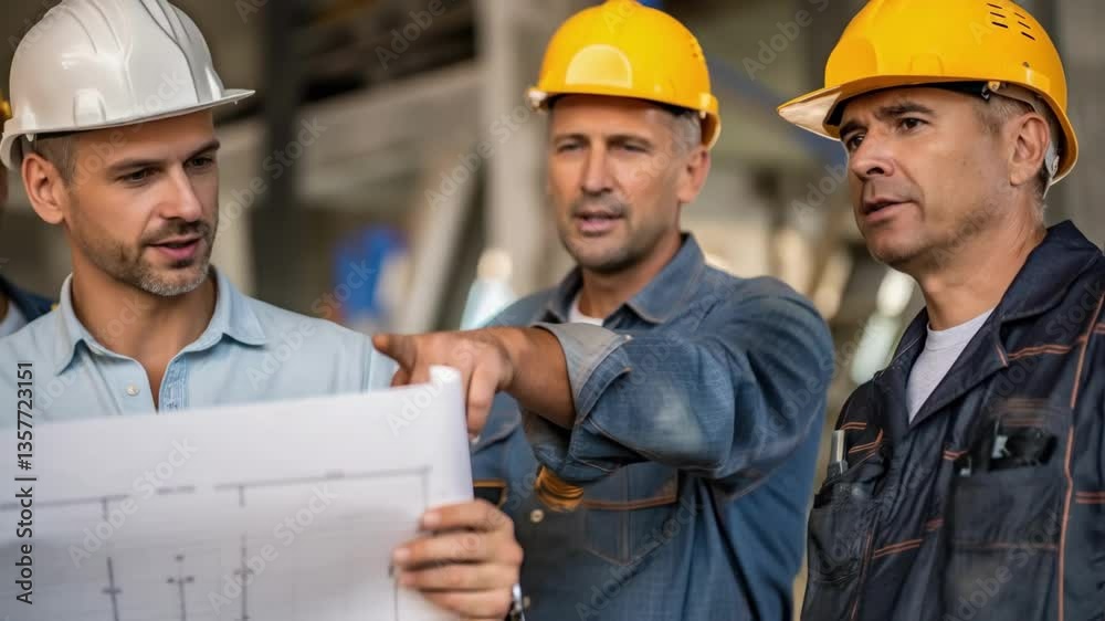 Aufkleber A medium closeup of a foreman discussing plans with crew members emphasizing the collaboration and communication a the team with blueprints and measuring tools in hand.