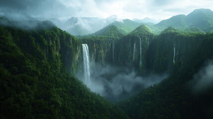Fototapeta premium Majestic waterfalls cascade down lush green mountains, enveloped in mist, creating a breathtaking natural landscape.