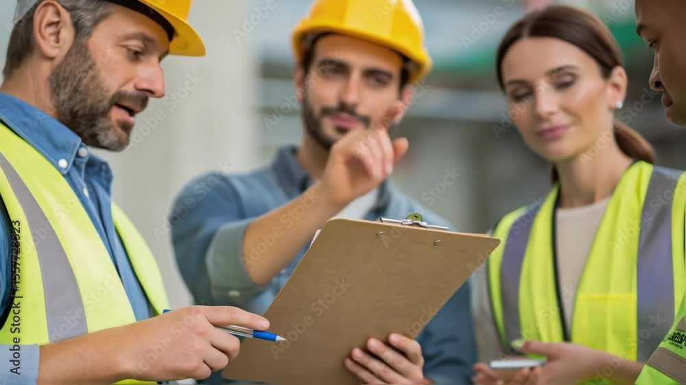 Poster A medium closeup of a group of workers engaged in a safety conversation with one holding a clipboard and taking notes symbolizing collaboration and communication.