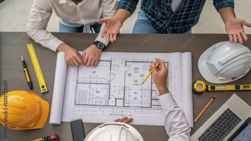 Poster A medium closeup of a group of engineers huddled over a blueprint of airflow designs with tools and equipment laid out on a nearby workbench emphasizing planning in the