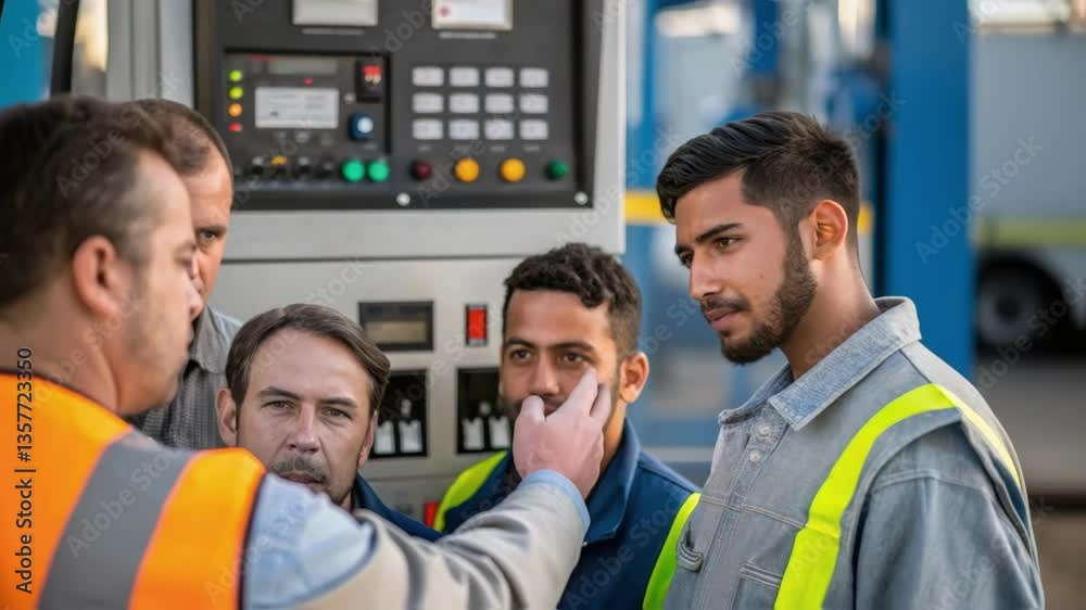 Poster A medium closeup of a group of workers huddled around a highcapacity fuel pump engaged in a discussion while pointing at the control panel filled with buttons and lights.