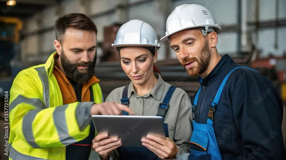 Aufkleber A medium closeup of a group of workers reviewing a digital tablet displaying project plans surrounded by rail components and tools illustrating modern teamwork and technology.