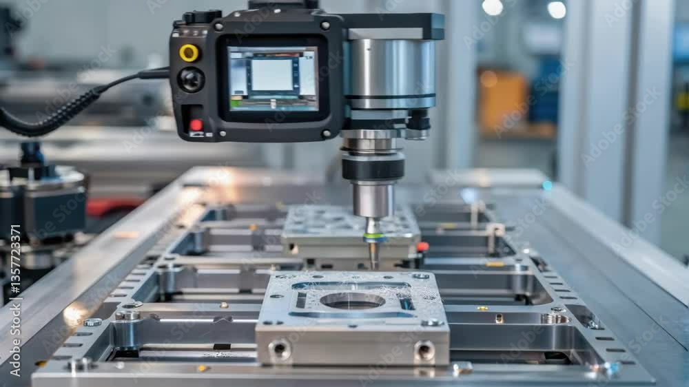 Aufkleber A medium closeup of a hightech machine performing an inspection with a digital camera capturing images of components revealing the blending of vision systems into manufacturing.