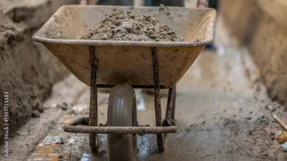 Poster a medium closeup of a laborer pouring cement into an irrigation ditch using a wheelbarrow the mixtur