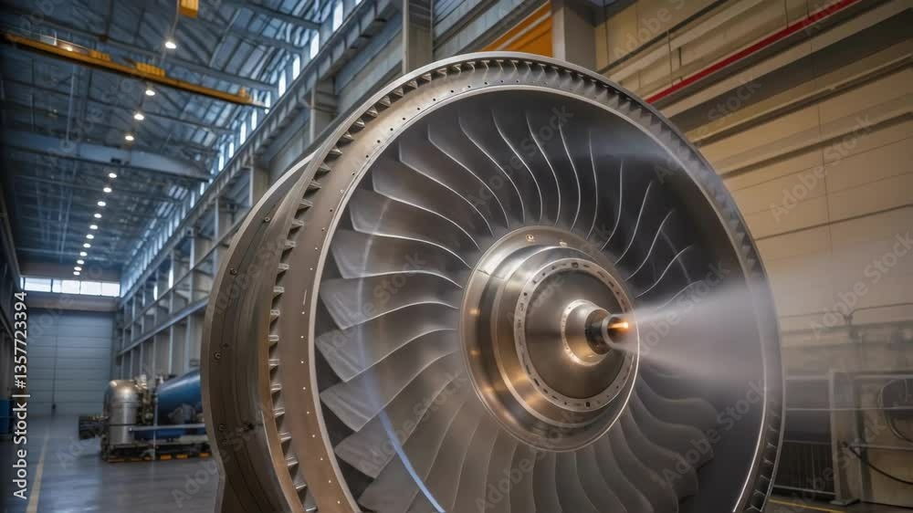 Poster A medium closeup of a large turbine within the energy recovery system highlighting the intricate blade design and its shiny metallic finish with dynamic airflow depicted through
