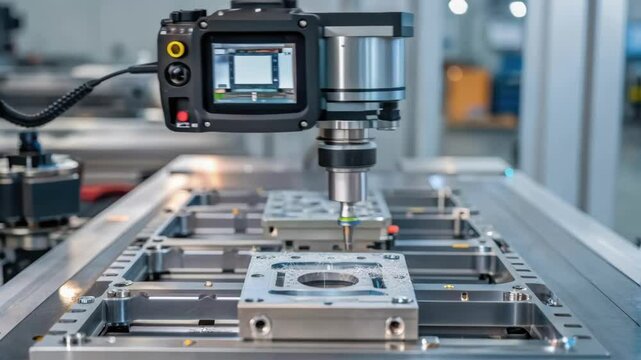 A medium closeup of a hightech machine performing an inspection with a digital camera capturing images of components revealing the blending of vision systems into manufacturing.