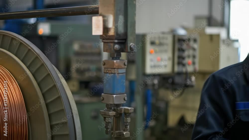 Poster a medium closeup of a machine operator guiding thick copper wires as they enter a twisting apparatus