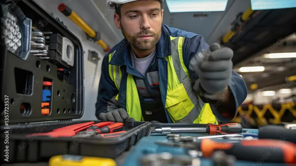 Poster a medium closeup of a maintenance worker inspecting machinery before loading with tools and spare pa