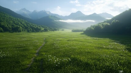 Fototapeta premium A serene landscape featuring a lush green meadow surrounded by mountains under a clear sky, evoking tranquility and natural beauty.