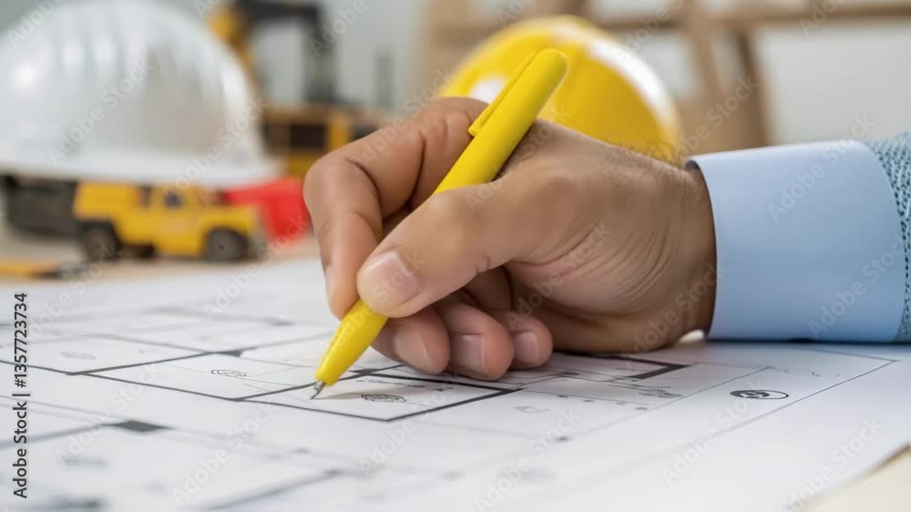 Aufkleber A medium closeup of an architects fingertips marking sections of a blueprint with a yellow highlighter under a backdrop of construction equipment and hard hats.