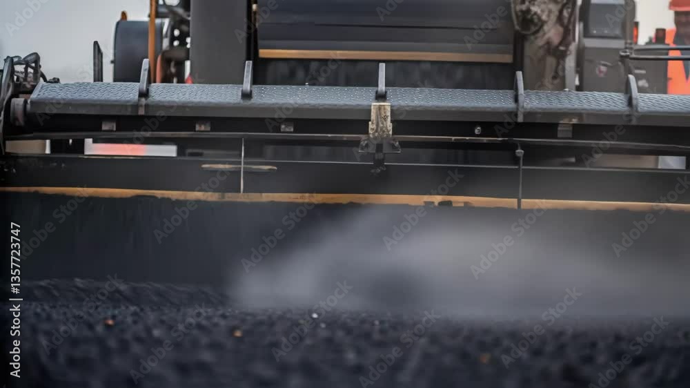 Poster a medium closeup of an asphalt paver at work pouring dark asphalt onto the ground with steam rising 