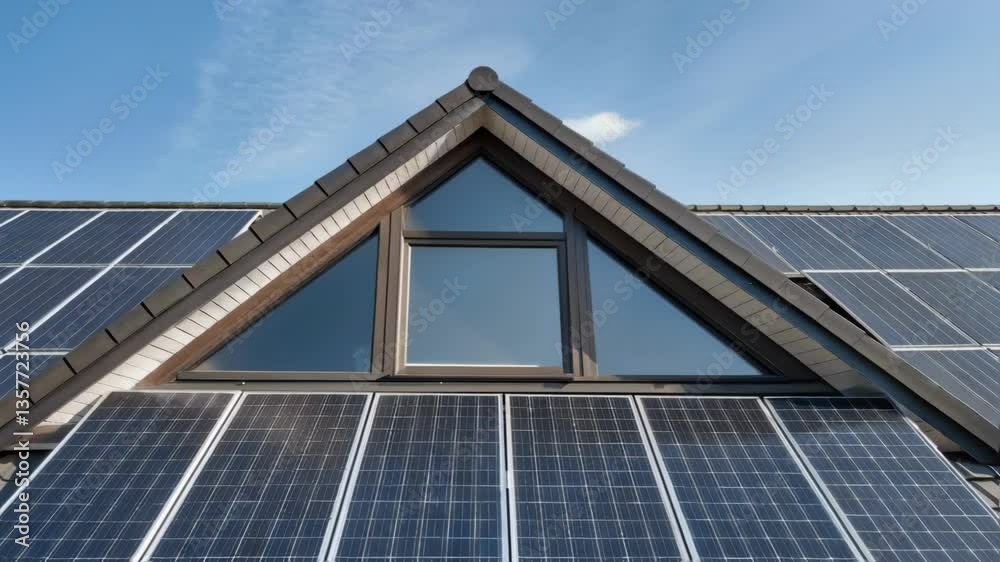 Poster A medium closeup of an array of solar panels angled toward the sun framed by the edges of a roof accentuating the architectural integration of technology.
