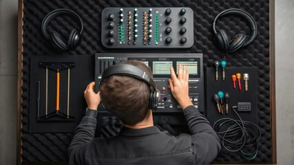 A medium closeup of an acoustic engineer adjusting settings on a digital interface surrounded by various tools and instruments essential for noise reduction.