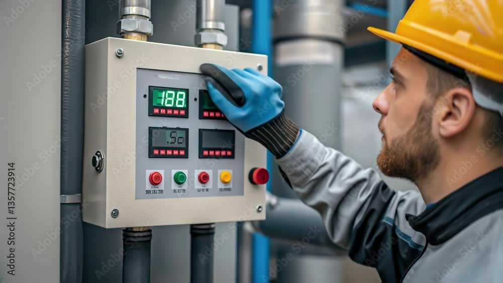 Aufkleber A medium closeup of an engineer in a hard hat carefully inspecting the control panel of an industrial cooling system with digital readouts displaying temperature and pressure
