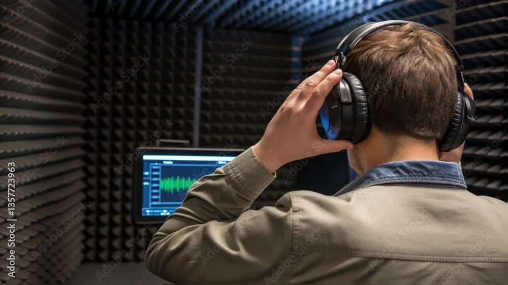 Poster a medium closeup of an engineer wearing headphones attentively monitoring sound levels on a digital 