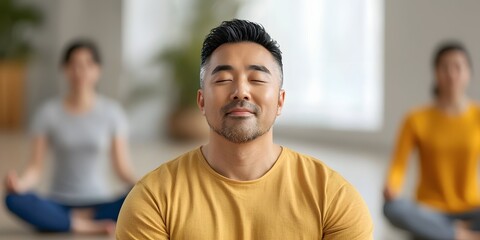 Fototapeta premium A serene male yoga instructor guides a class through a restorative pose in a natural lit studio long title A handsome mixed Asian and Caucasian male