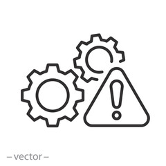 gears with exclamation mark, risk management icon, thin line symbol on white background - editable stroke vector illustration