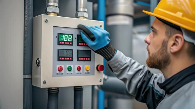 A medium closeup of an engineer in a hard hat carefully inspecting the control panel of an industrial cooling system with digital readouts displaying temperature and pressure
