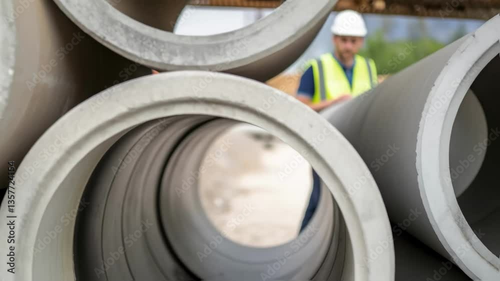 Aufkleber A medium closeup of an operator inspecting the curing process of a freshly cast concrete pipe examining its smooth surface for any imperfections.