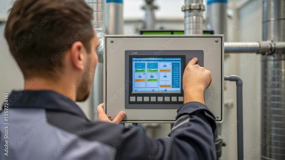 Fototapete A medium closeup of an operator examining a digital control panel with focused expressions reflecting concentration as they monitor filtration system readings.
