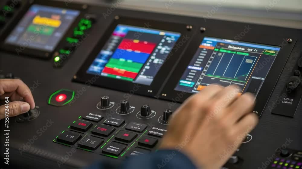 Fototapete A medium closeup of an operators hands adjusting settings on a digital control panel featuring vibrant screens displaying realtime data and graphs.