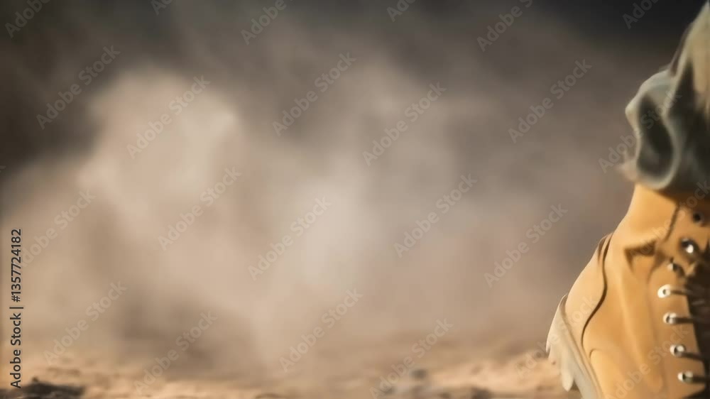 Poster A medium closeup of an operators protective boots standing firmly on a dusty surface with misty sand particles swirling around emphasizing the working environments gritty