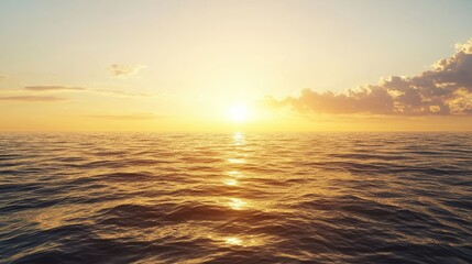 Naklejka premium A serene ocean landscape at sunset, with gentle waves reflecting golden sunlight against a clear sky, creating a tranquil atmosphere.