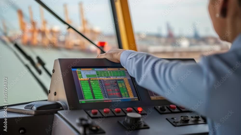 Leinwandbilder a medium closeup of a port crane operator focused on the control panel with vibrant screens displayi