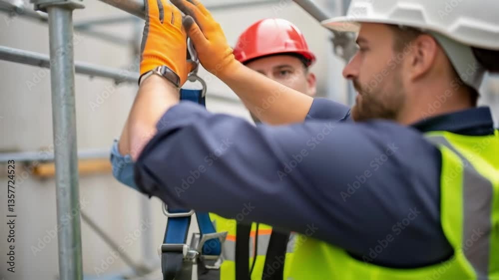 Aufkleber A medium closeup of a scaffold worker demonstrating a safety harness with a colleague observing highlighting techniques for preventing falls during installations.