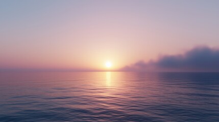 Fototapeta premium A serene sunset over calm waters, with gentle colors reflecting on the ocean's surface and soft clouds in the distance.