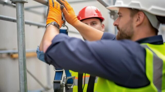 A medium closeup of a scaffold worker demonstrating a safety harness with a colleague observing highlighting techniques for preventing falls during installations.