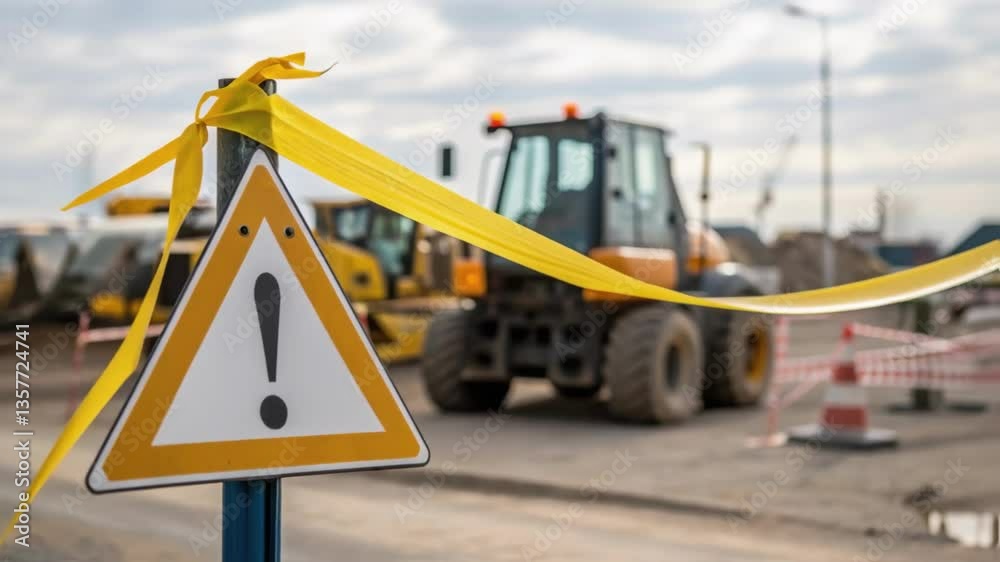 Poster a medium closeup of a sign warning of construction with yellow tape flapping gently in the breeze co