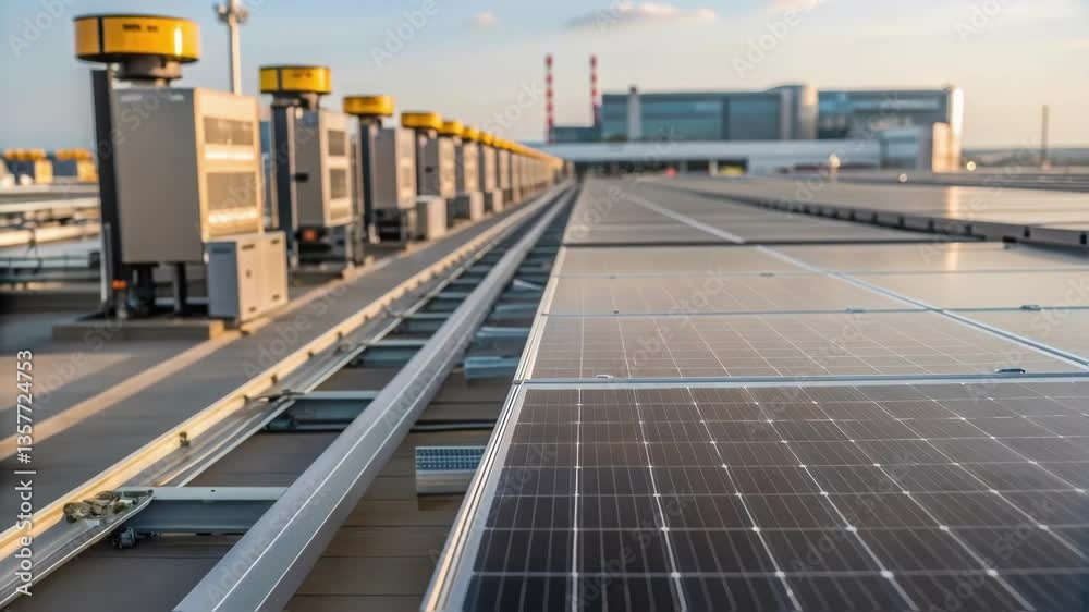 Aufkleber A medium closeup of a solar panel installation on the roof of the terminal showcasing the integration of sustainable technology in automated construction practices.