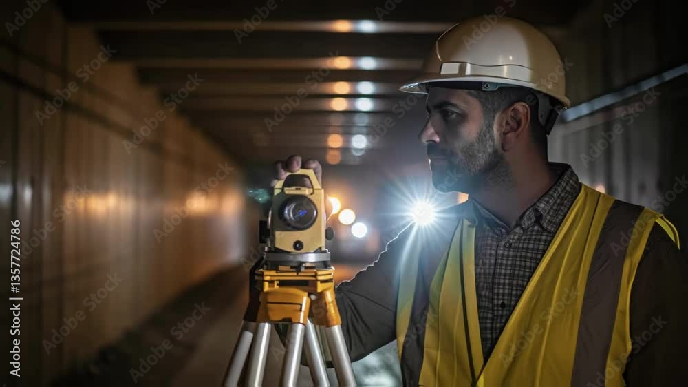 Aufkleber A medium closeup of a surveyor looking through a theodolite illuminated by a flashlight with the construction area stretching into the soft darkness behind him.
