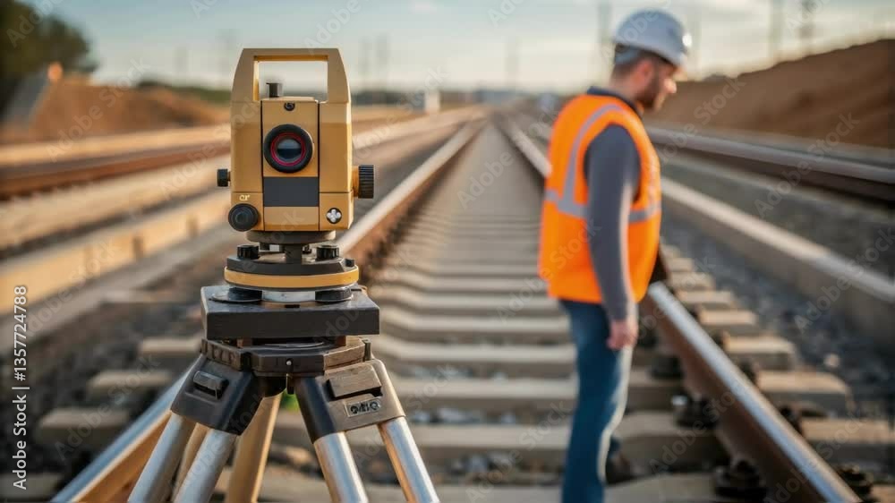 Poster A medium closeup of a surveyor adjusting a measuring instrument with the embankment rising behind them showing precision in railway construction.