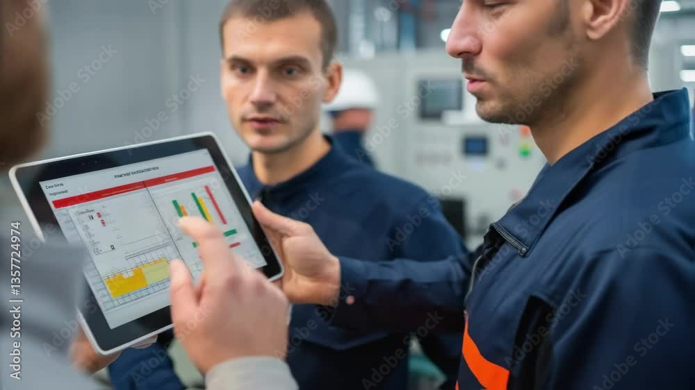 Poster A medium closeup of a team of engineers gathered around a digital tablet analyzing data from a recent fire suppression system test with charts displayed clearly on the screen.