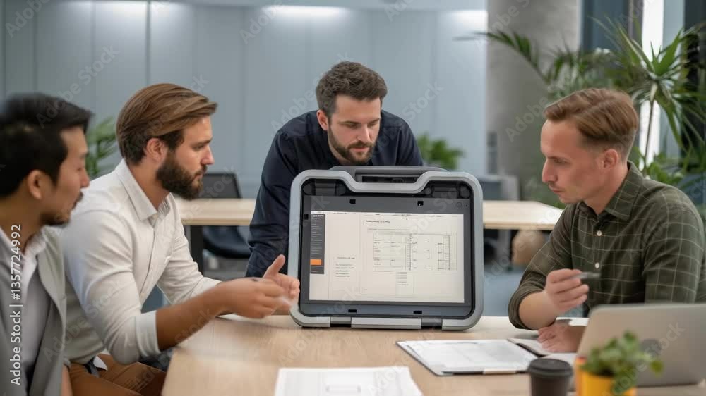 Aufkleber A medium closeup of a team meeting with engineers and designers discussing plans over a portable display emphasizing the collaboration involved in the project.