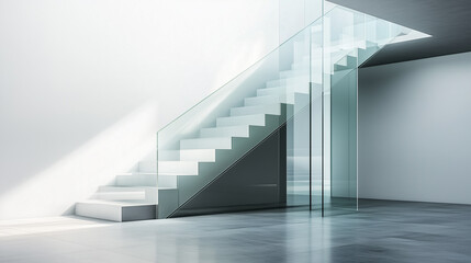 Geometric glass staircase enhances modern interior space with sleek design and natural light