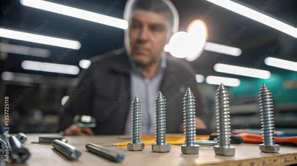 Poster A medium closeup of a technician inspecting a batch of freshly produced screws under bright fluorescent lights with tools and measuring gauges in the foreground.