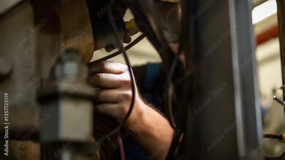 Poster A medium closeup of a technician inspecting the internal components of a boiler their face illuminated by a bright flashlight revealing their focused expression and the intricate