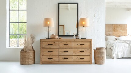 Light-filled bedroom, wooden dresser