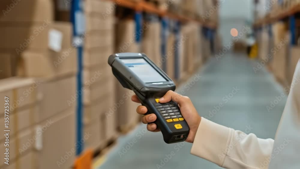 Aufkleber A medium closeup of a warehouse employee using a handheld device to scan the barcodes of packages highlighting the interaction between human and load management systems.