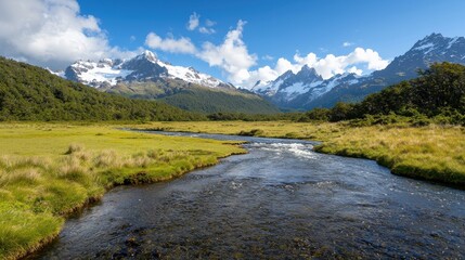 A serene landscape featuring a flowing river surrounded by lush greenery and majestic mountains under a bright blue sky.
