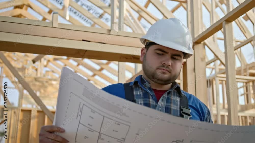 Poster A medium closeup of a worker examining a blueprint with various truss pieces behind them emphasizing the planning involved in the construction process.