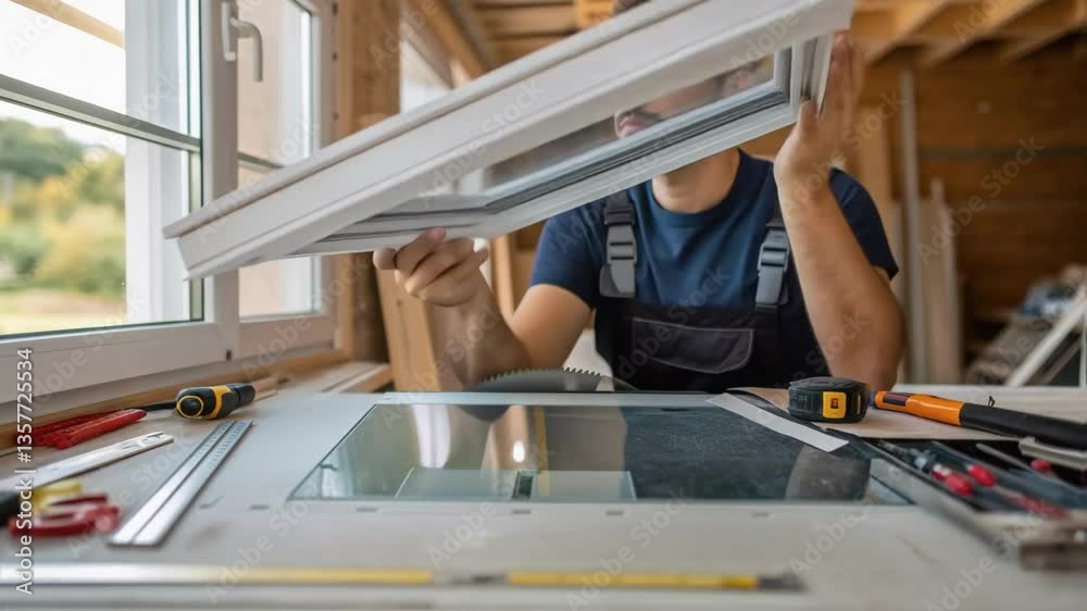 Poster A medium closeup of a worker examining the installation of a window frame with natural light illuminating the workspace and enhancing focus on craftsmanship.