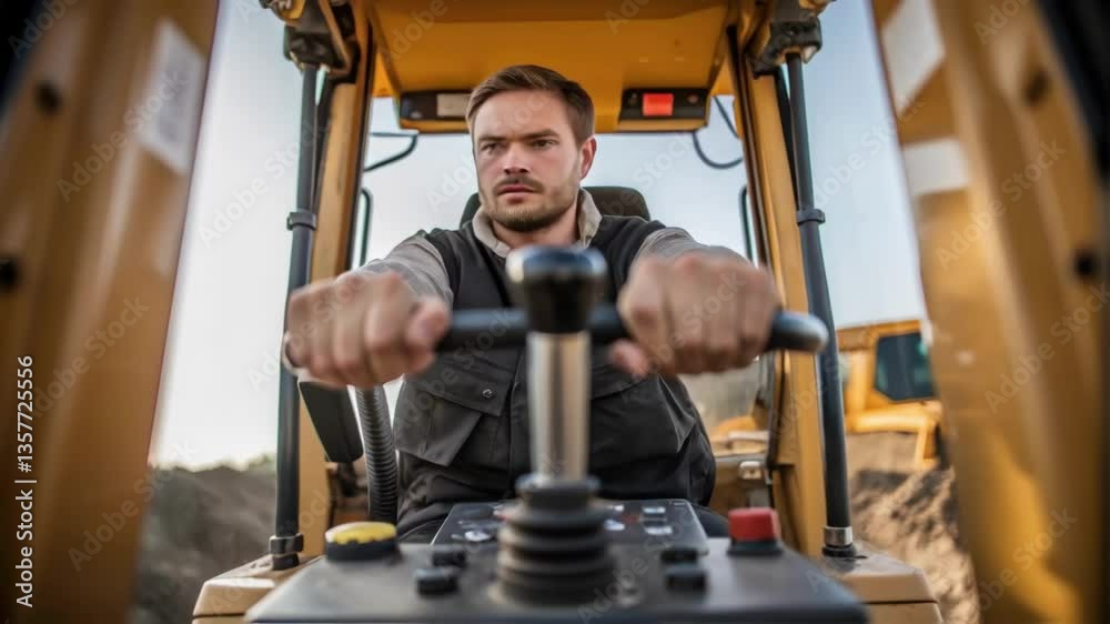 Aufkleber A medium closeup of a worker expertly operating a hydraulic excavator highlighting the machines intricate controls and the precision needed for digging.