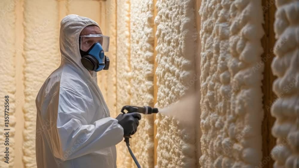 Poster A medium closeup of a worker in a protective suit applying spray foam inside the corner of a building with foam expanding and furring up against the wall.