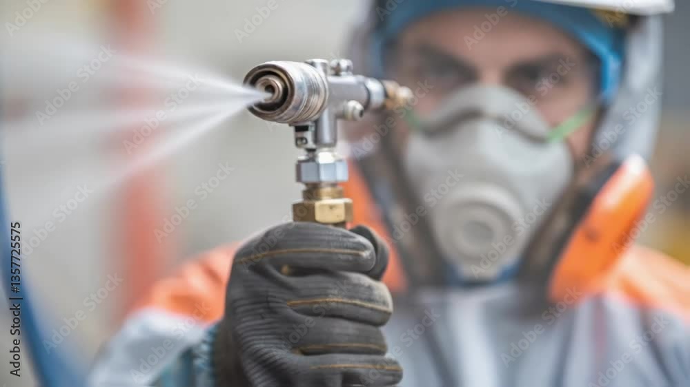 Poster a medium closeup of a worker in a spray suit preparing a fireproofing spray gun with the details of 