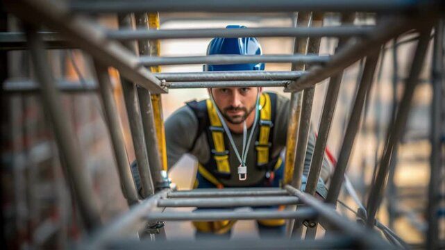 A medium closeup of a worker climbing an intermediate level of the structure showing the dynamic and vertical aspect of scaffolding assembly with the surroundings blurred for