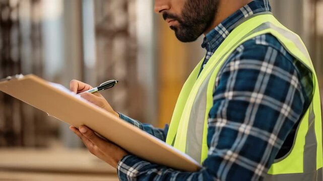 A medium closeup of a worker inspecting the alignment and positioning of the piles his focused expression revealed as he carefully checks the measurements against a clipboard.